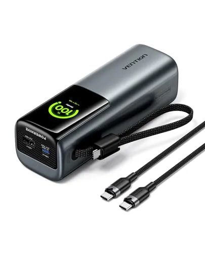 VENTION Power Bank 27000 mAh 200W, batería Externa Carga rápida con Pantalla Digital y animación Emoji, Cable USB-C Integrado, 2× USB-C + USB-A, para MacBook Pro, DELL/HP, iPhone 17/16/15, Galaxy