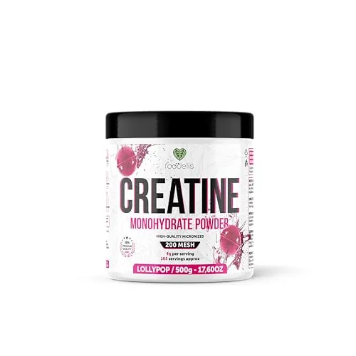 Foodelis Creatina Monohidratada en Polvo 300 g – Sabor Lollipop – 100% Creatina Micronizada – Alta Pureza – Sin Aditivos – Vegana – Alta Solubilidad – Incluye Dosificador