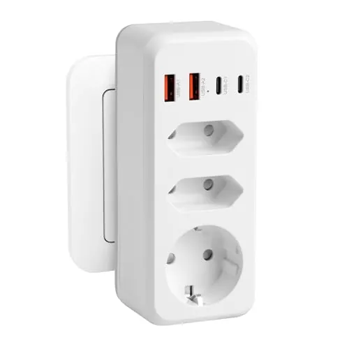 Ladron Enchufes 7 en 1,Enchufe Multiple Pared,Regletas Enchufes con 4 USB,1 Schuko y 2 Enchufe EU,Enchufe Doble 3500W, Ladron Enchufe Plano USB C para Móvil,Familia,Oficina,Cocina,Blanco