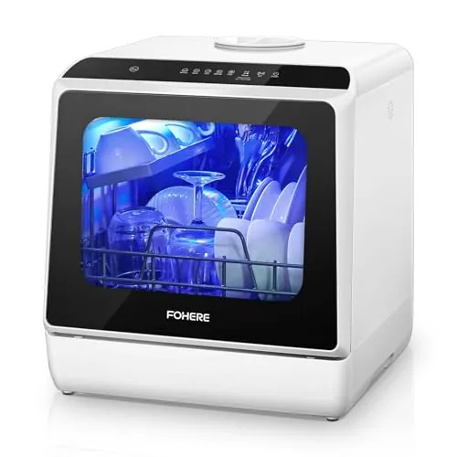 Mini Lavavajillas de Sobremesa con 5+1 Programas, Inicio Diferido 1–6h, Depósito de 5 Litros, 2 Formas de Suministro de Agua, Control Táctil y Pantalla LED, Ideal Para Cocinas y Autocaravanas