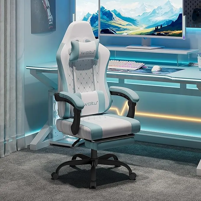 WOLTU Silla de Gaming Ergonómica, Silla Oficina con Soporte Lumbar Masaje y Reposapiés Extraible, Asiento Giratorio de Muelle, Capacidad 150 kg, Tela de Malla, Blanco+Azul