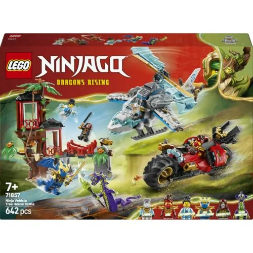 LEGO Ninjago Batalla de Vehículos Ninja Junto a la Casa del Árbol 71857 | Juguetes para niños de 7+ años, moto y helicóptero de juguete, minifiguras de acción, regalo de cumpleaños, 642 piezas