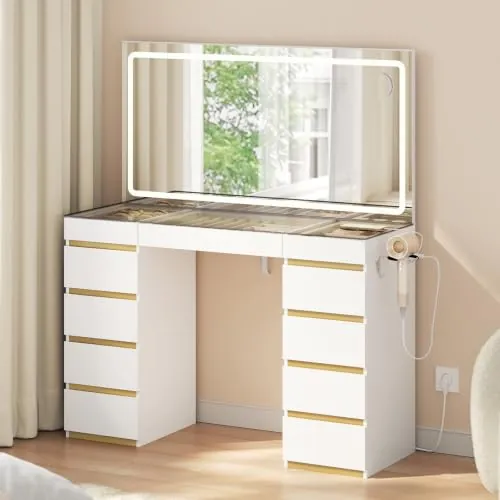 WOLTU Tocador con Luz LED, Encimera de Vidrio, Bandeja de Joyas para Cajón | Espejo Grande, Brillo Regulable, Tocador de Maquillaje con 11 Cajones, Regleta, 112x40x133 cm, Moderno, Blanco+Dorado