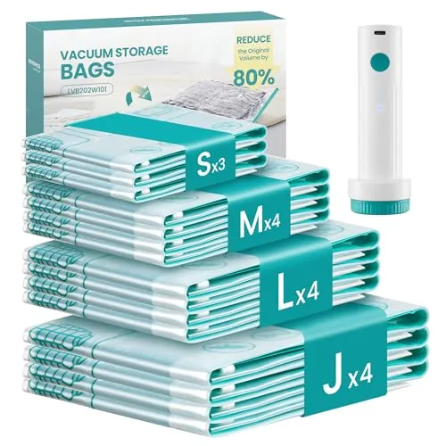 SONGMICS Bolsas de Vacío con Bomba Eléctrica Recargable, 15 Piezas | Bolsas para Ropa y Sábanas, 3S/4M/4L/4J, Compactas y Reutilizables, Transparentes, Colección ISLAND LVB203W101