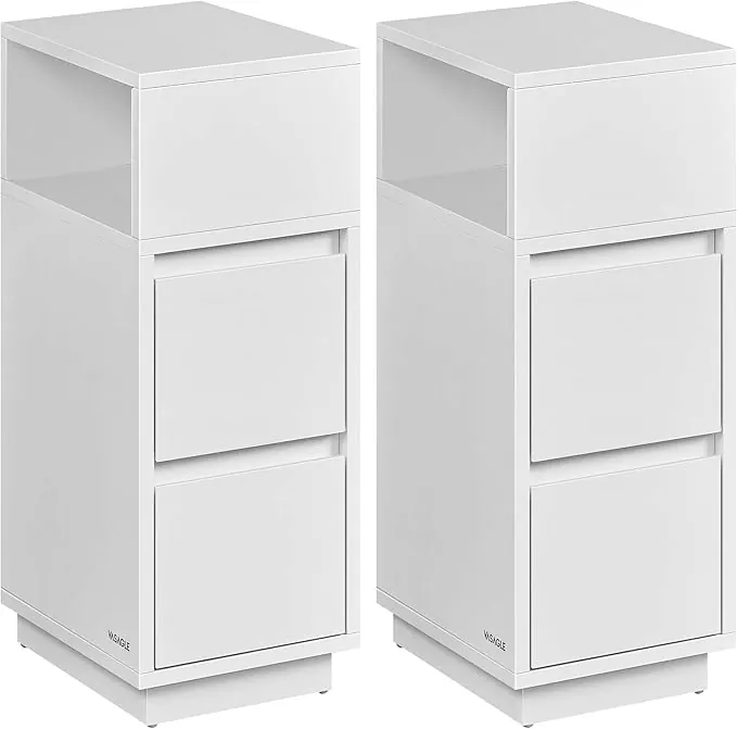 VASAGLE KAILYN Colección - Mesita de Noche Estrecha, Juego de 2, Mesa Auxiliar con 2 Cajones y Compartimento Abierto, a la Izquierda o a la Derecha, Blanco Nube LET856W01