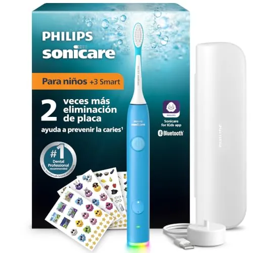 Philips Sonicare for Kids Cepillo eléctrico para niños - Cepillo de dientes sónico para niños a partir de 3 años, 2 modos suaves, temporizador de 2 minutos, 2 cabezales mini, azul, modelo HX6600/52