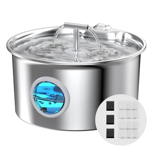 Fuente para gatos de acero inoxidable para gatos, fuente de agua para gatos, 2,6 L, silenciosa, con 6 filtros de carbón + 3 esponjas, ventana de nivel de agua con iluminación LED