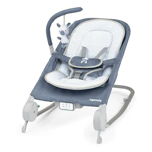 Ingenuity, Asiento Happy Belly "De Hamaca a Mecedora", Música, Vibración, Barra de Juguetes Desmontable, Juguete de Peluche de Cebra, 0-6 Meses, Azul - Chambray