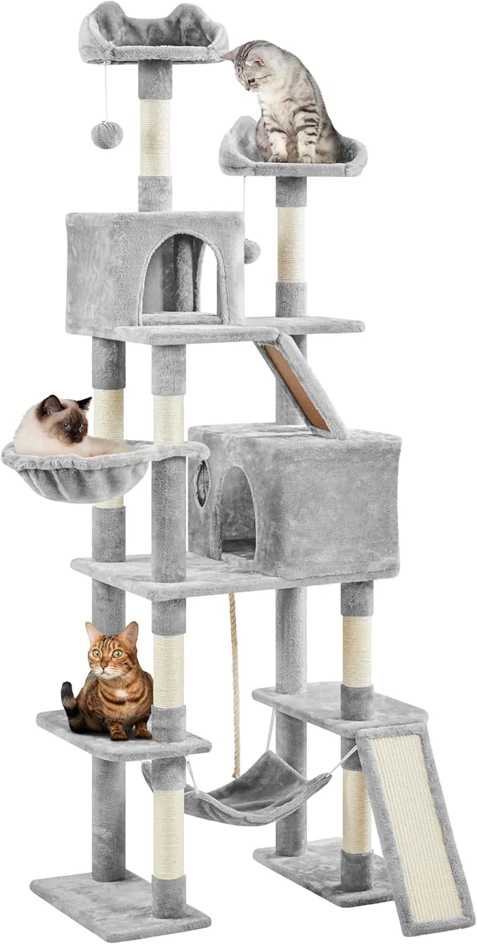 Yaheetech Rascador Alto 209 cm Árbol para 3-4 Gatos Adultos Torre Escalador Castillo Juquetes Mascotas XXL,Gris Claro