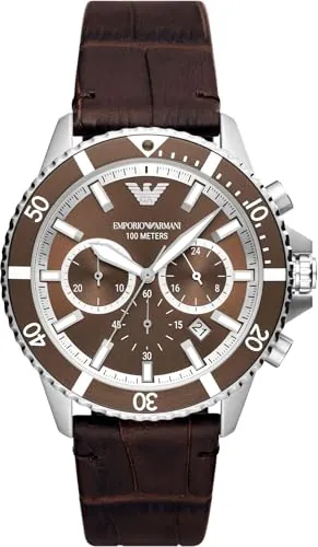 Emporio Armani Reloj Hombre, Movimiento cronógrafo, 43mm caja de acero inoxidable na con correa de piel ProPlanet, AR11486, Marrón y tono plateado