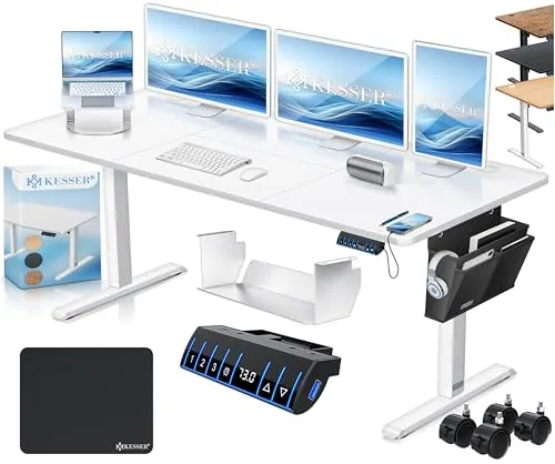 KESSER® Escritorio eléctrico Regulable en Altura, Escritorio Ergonómico de Bipedestación, Control de Memoria de 3 Funciones, Incl. Ruedas de 360° y Puerto de Carga USB, 160x70 cm - Blanco