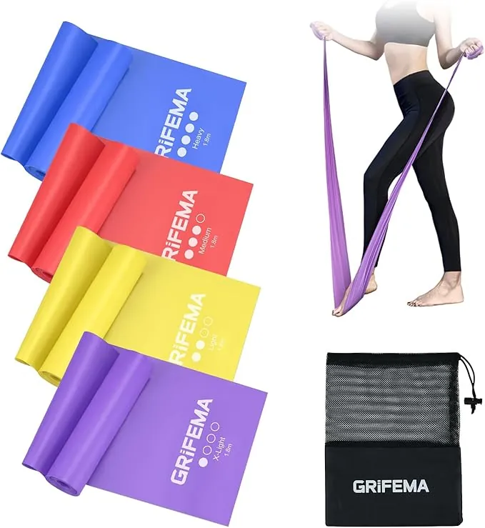 GRIFEMA GA5002 Bandas Elasticas Fitness[Set de 4] 1.8M, Cintas Elasticas con 4 Niveles de Resistencia para Entrenamiento de Fuerza, Yoga, Pilates