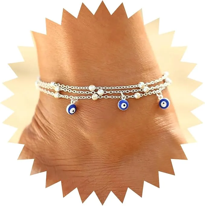 Boho Capas Mal De Ojo Tobillo Pulsera Vintage Ojo Del Demonio Pie De Plata Azul Ojo Cadena Pulsera Verano Playa Ajustable Bola Tobillo Pulsera Joyas Para Mujeres Y Niñas