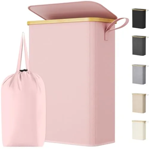 Lifewit Cesto Ropa Sucia Estrecho con Tapa, Cesto de Ropa Plegable con Bolsa Extraíble y Asa, Cesta Ropa Sucia de Bambú, Cubo de Ropa para Dormitorio, Baño, Lavandería, Dormitorio, 50 L, Rosa