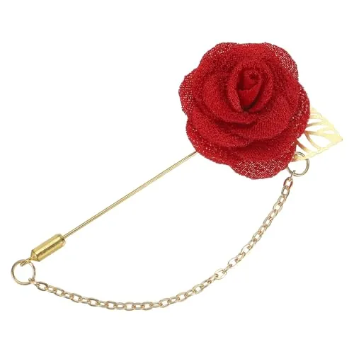 QUARKZMAN Pin de Solapa para Hombres, Tamaño: 4cm, Broche de Flores Rosa de Aleación de Tela de Traje con Hoja de Oro y Ribete/Cadena de Borla Broche para Novio Boda 1 Unidad Rojo Profundo