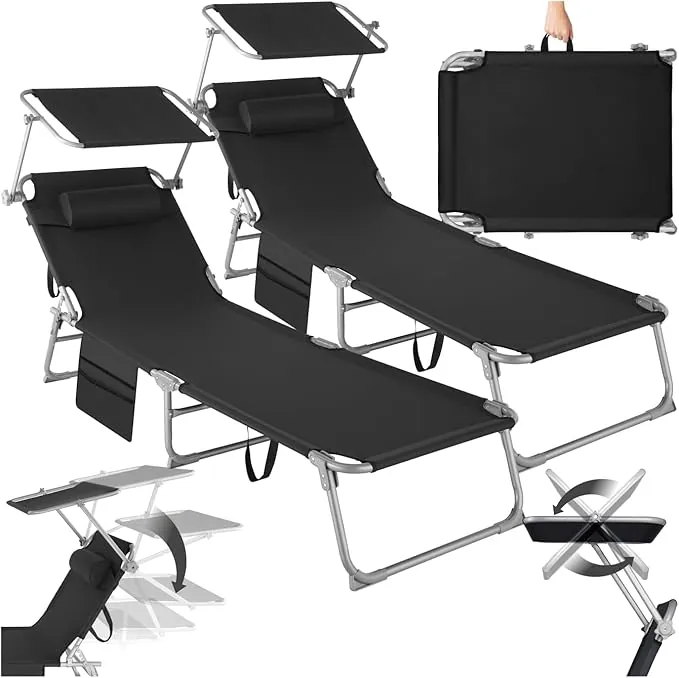 tectake® Set de 2X Tumbonas Jardín Exterior, Tumbonas Plegables con Reposacabezas, Parasol y Bolsillo Lateral, Tumbonas Playa Reclinables 4 Posiciones, Tumbona Piscina Resistente a Intemperie - Negro