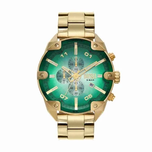 Diesel Reloj Spiked para Hombre, Movimiento cronógrafo de Cuarzo con Correa de Acero Inoxidable, Tono Dorado y Verde