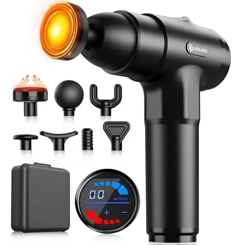 AERLANG Pistola de Masaje Muscular con Calor – Masajeador Muscular Profundo con 20 Velocidades, 7 Cabezales y Pantalla LED, Masajeador Cervical y Espalda – Regalo para Hombre, Mujer, Papá y Mamá