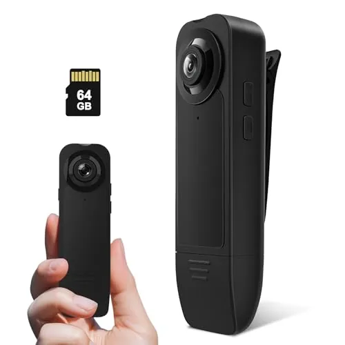 Minicámara corporal con grabación de audio y vídeo con tarjeta de memoria de 64 GB, 1080P HD, gran angular con clip posterior, detección de movimiento de visión nocturna para grabación diaria/servicio