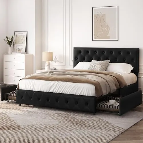 Yaheetech Cama Tapizada de Piel Tirón Botón Cama Acolchada Almacenaje 160 x 200 cm Negro