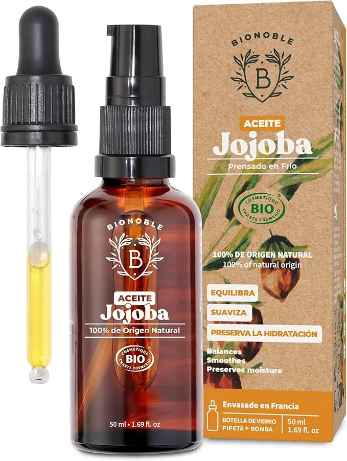 BIONOBLE Aceite de Jojoba 100 Puro y Natural, Orgánico, Prensado en Frío - Equilibra el Sebo, Anti Imperfecciones - Aceite Pelo, Piel, Uñas - Organic Jojoba Oil - Botella Vidrio, Bomba, Pipeta - 50ml