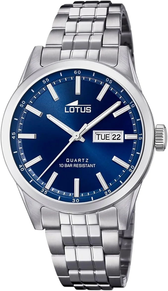 LOTUS Reloj Hombre Analógico de Acero Inoxidable 316l Plateado - Movimiento de Cuarzo - Calendario - Cristal Mineral de Alta Resistencia - Resistente al Agua 10 ATM Clásico 18670