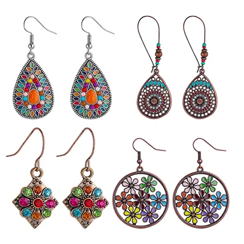Yolev Pendientes Boho Vintage Earrings de Diamantes de Imitación Vintage Pendientes Colgantes Boho Conjunto de Accesorios de Joyería para Mujeres y Niñas
