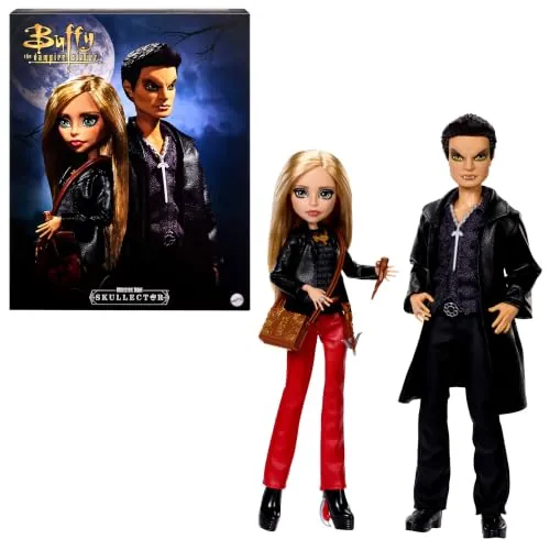 Monster High Skullector Buffy La Caza Vampiros Pack de 2 muñecas | Pack de coleccionista Buffy y Ángel con ropa de polipiel y accesorios: estaca, ballesta, bases, JLL00