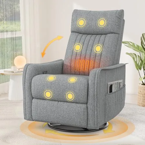 Srfzluxy Sillón reclinable Mecedora giratoria con Masaje y Calor, reposapiés extendido,Sillón reclinable 3 en 1 para Sala de Estar, sofá Individual Ajustable con Bolsillos Laterales Doble