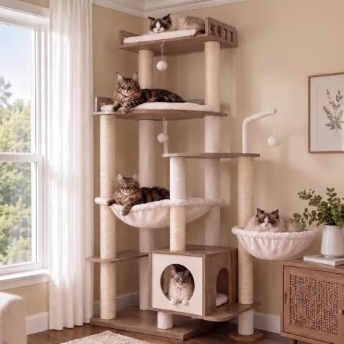 Heybly Árbol rascador para Gatos en Madera, 179 cm de Altura, con Plataforma Grande, Postes Rascadores de Sisal, Casita para Gatos y Hamaca, Montaje Sencillo, Gris Vintage HCT121SG