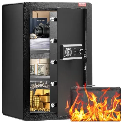 VEVOR Caja Fuerte de 99 L con una Puerta, Cerradura con Llave, Contraseña, Bolsa Ignífuga, Estante para Llaves, Luz LED y 2 Divisores para Dinero, Documentos, Joyas y Objetos de Valor, Negro