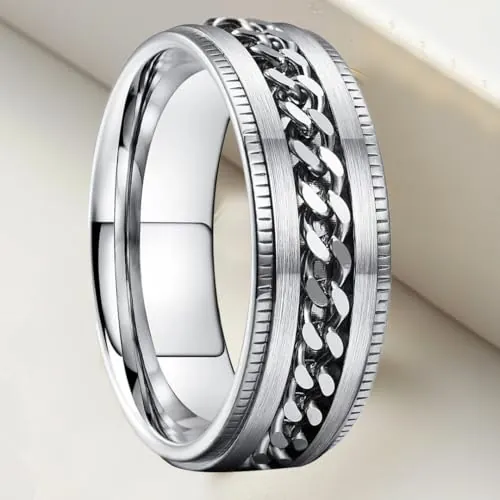 Anillo Giratorio Fidget para Ansiedad para Hombres y Mujeres - Elegante Incrustación de Cadena Curb con Acero Inoxidable 316L Sólido para Calidad y Durabilit, 11, Titanio, Sin piedra preciosa
