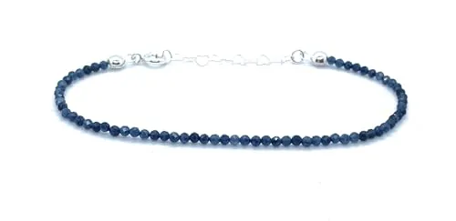 Pulsera de zafiro natural de 2 mm, plata de ley 925, ajustable 16-19 cm