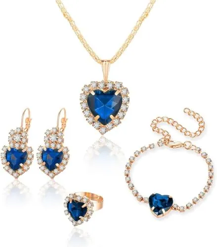 TOFBS Conjunto Joyas Corazón Negro Cristal Brillante Collar Pendientes Pulsera Anillo Mujer Elegante Boda Fiesta