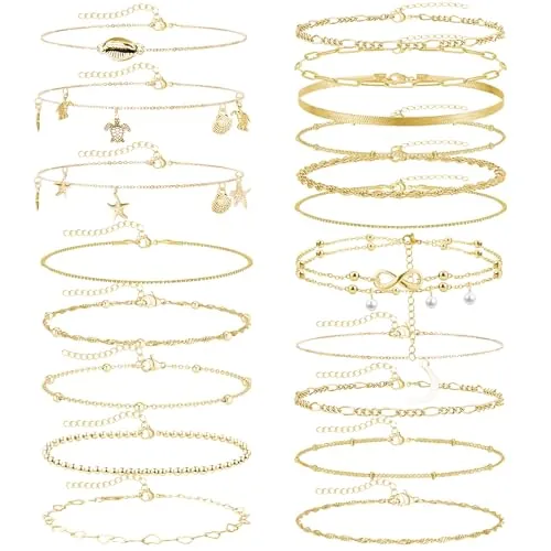 JSTHHTT 19Pcs Pulsera TobilloConjunto de Tobilleras Mujer Plateadas, Pulsera Tobillo de Moda para Mujer, Tobilleras Pulseras Elegantes y Atractivas, Tobillera Oro para Complementar Estilo