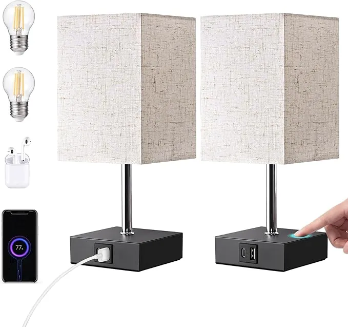 EDISHINE Lámpara de Noche LED Regulable Táctil 2 Lámparas de Mesa Lámpara Moderna 2 USB Puertos para Dormitorio Salón Alféizar de Ventana Pantalla de Lino de Regalo
