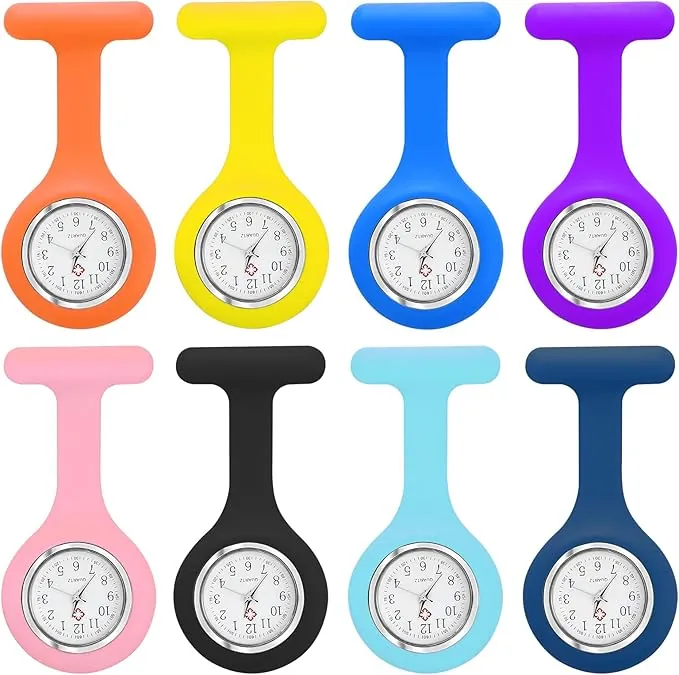 Juego de 8 relojes de enfermera, reloj de enfermera con clip, funda de silicona higiénica y movimiento de cuarzo preciso, esfera giratoria para enfermeras, médicos, 8 colores, carbón