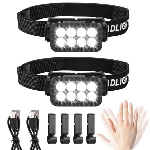 Paquete de 2 linternas frontales LED recargables - Super brillantes - 2500 lúmenes - 5 modos de iluminación - Ligeras - IPX6 - Impermeables - Sensor de luz - Para exterior, camping, carrera, pesca