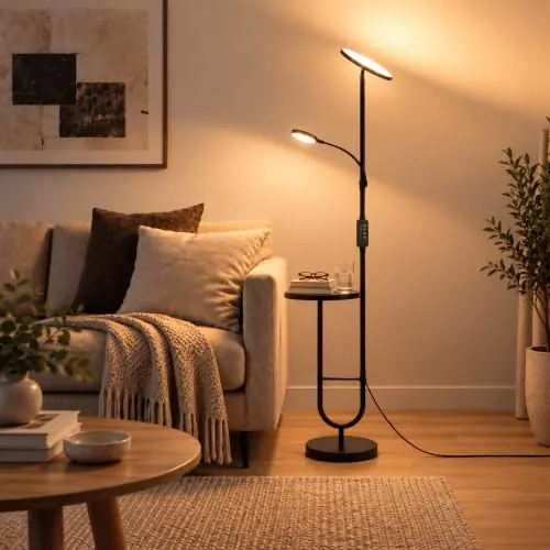 LuminexDesigns Lampara de Pie Salon con Mesita y Luz de Lectura, Negra