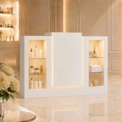 Mostrador recepción 150 cm con LED 3 colores, vitrinas y almacenaje blanco | LED 3 colores Vitrinas iluminadas Superficie extensible Bandeja para teclado Amplio almacenaje 150×52×103 cm