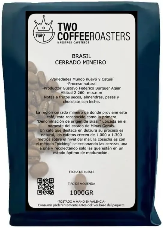 Twocoffee Café en Grano de Especialidad 1kg | Origen Brasil | 100% Arábica | Specialty Coffee 84 puntos SCA | Tueste Natural y Artesano | Cerrado Mineiro