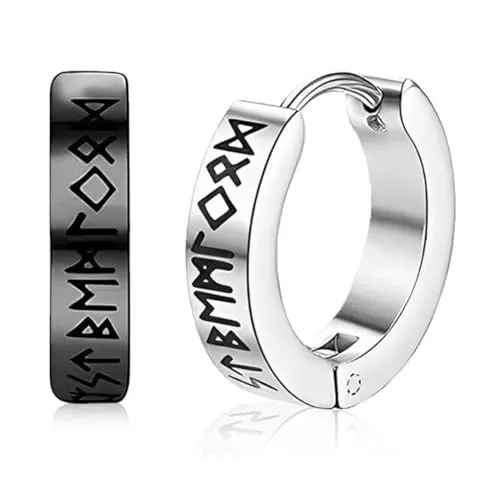 JRYXD 1 Par De Aros Vikingos Nórdicos Para Hombre – Acero Inoxidable, Runas Futhark Antiguo (Negro Y Plateado)