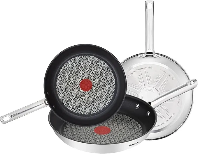 Tefal Duetto - Juego de Sartenes de 20/24/28 cm, Apto inducción, antiadherente, revestimiento titanio, Thermo-signal, apto lavavajillas y horno, acero inoxidable