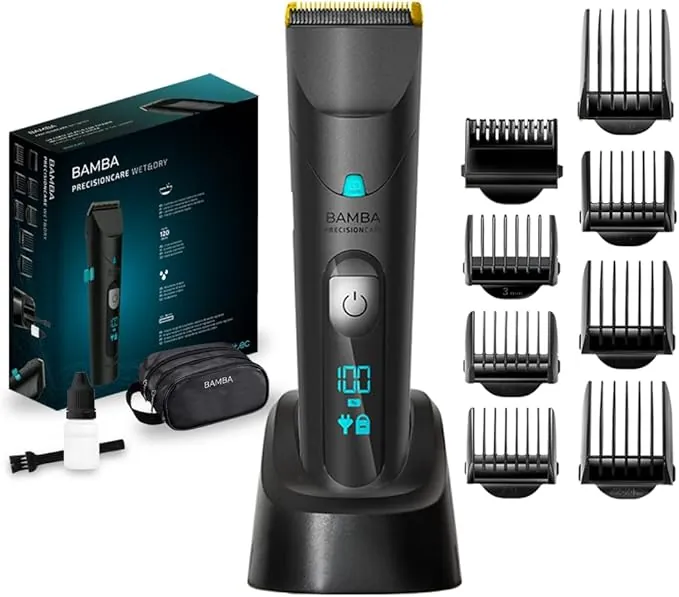 Cecotec Cortapelos Bamba PrecisionCare Wet&Dry. Cuchillas Acero Inoxidable con Revestimiento de Titanio, Batería de litio, Autonomía hasta 120 min, Longitudes 0,5-30 mm, 8 Peines