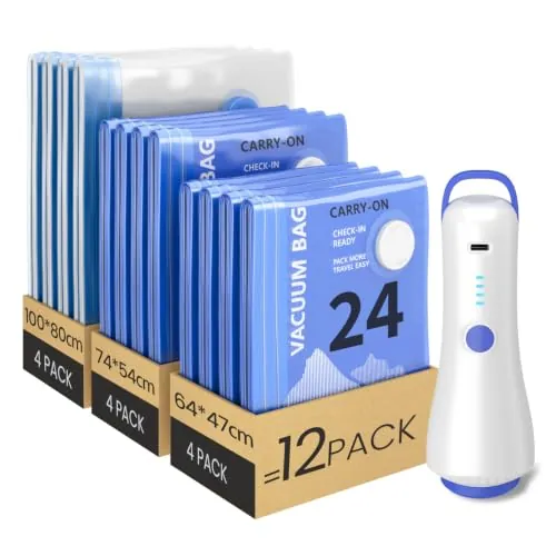 Raplink Paquete de 12 bolsas de almacenamiento al vacío (4 de 100 x 80 cm, 4 de 74 x 54 cm y 4 de 64 x 47 cm) con bomba eléctrica y doble cremallera, impermeables y herméticas.
