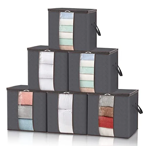 Lifewit Cajas Almacenaje Ropa, Bolsa almacenamiento ropa, Organizador Armario Plegable, Cajas Mudanza, Bolsas con Asa Reforzada para Guardar Ropa, Mantas, Edredones, Gris, 100 L, 6 Piezas