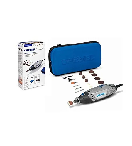 Dremel 3000 - Multiherramienta 130 W, kit con 15 accesorios y estuche, velocidad variable 10.000-33.000 rpm para tallar, grabar, fresar, amolar, limpiar, pulir, cortar y lijar (Versión Español)