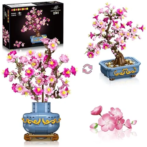 HOGOKIDS Juego de construcción de bonsáis de Cerezo - Plantas Artificiales 2 en 1 para decoración del hogar y exhibición Juguete de construcción con Flores botánicas Cerezo para Adultos (775 Piezas)