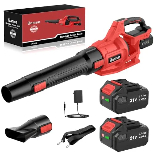 Bamse Soplador de Hojas 21V, Soplador Bateria con 2 Baterías de 4.0Ah, 3 Ajustes de Velocidad, 2 Tubos de Soplado, Correa para el Hombro para Soplar Hojas, Nieve, Polvo y Residuos, Rojo