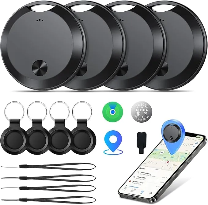 2026 Smart Air Tracker Tags 4 Pack(Sólo iOS), Buscador de Objetos Bluetooth Compatible con Apple Find My App, 365 días de Uso, Batería Reemplazable, Impermeable IP68, para Llaves/Equipaje/Maleta,Negro